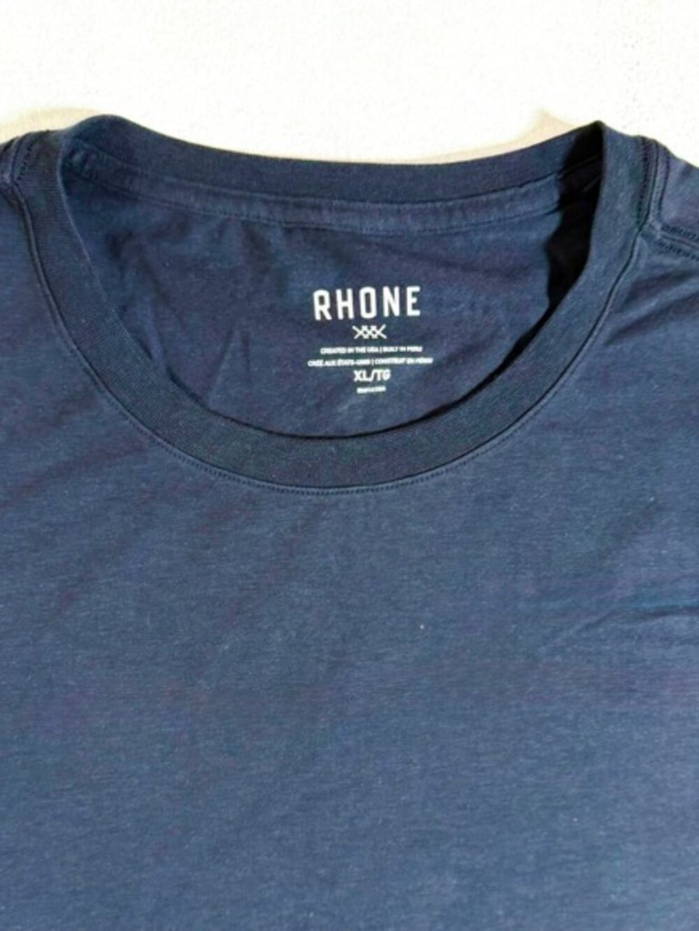 RHONE Men's XL Short Sleeve Crew Neck T Shirt Cotton Blend Made in Peru Navy